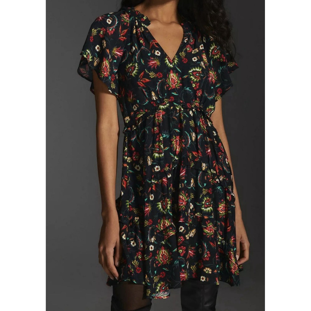 Anthropologie Robin Tiered Black Floral Mini Dress